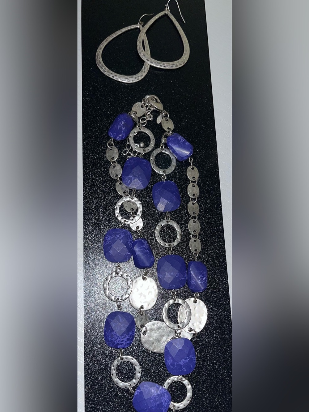 Brushed-Silver and Purple Faux-Stone Statement Necklace & Earrings Set